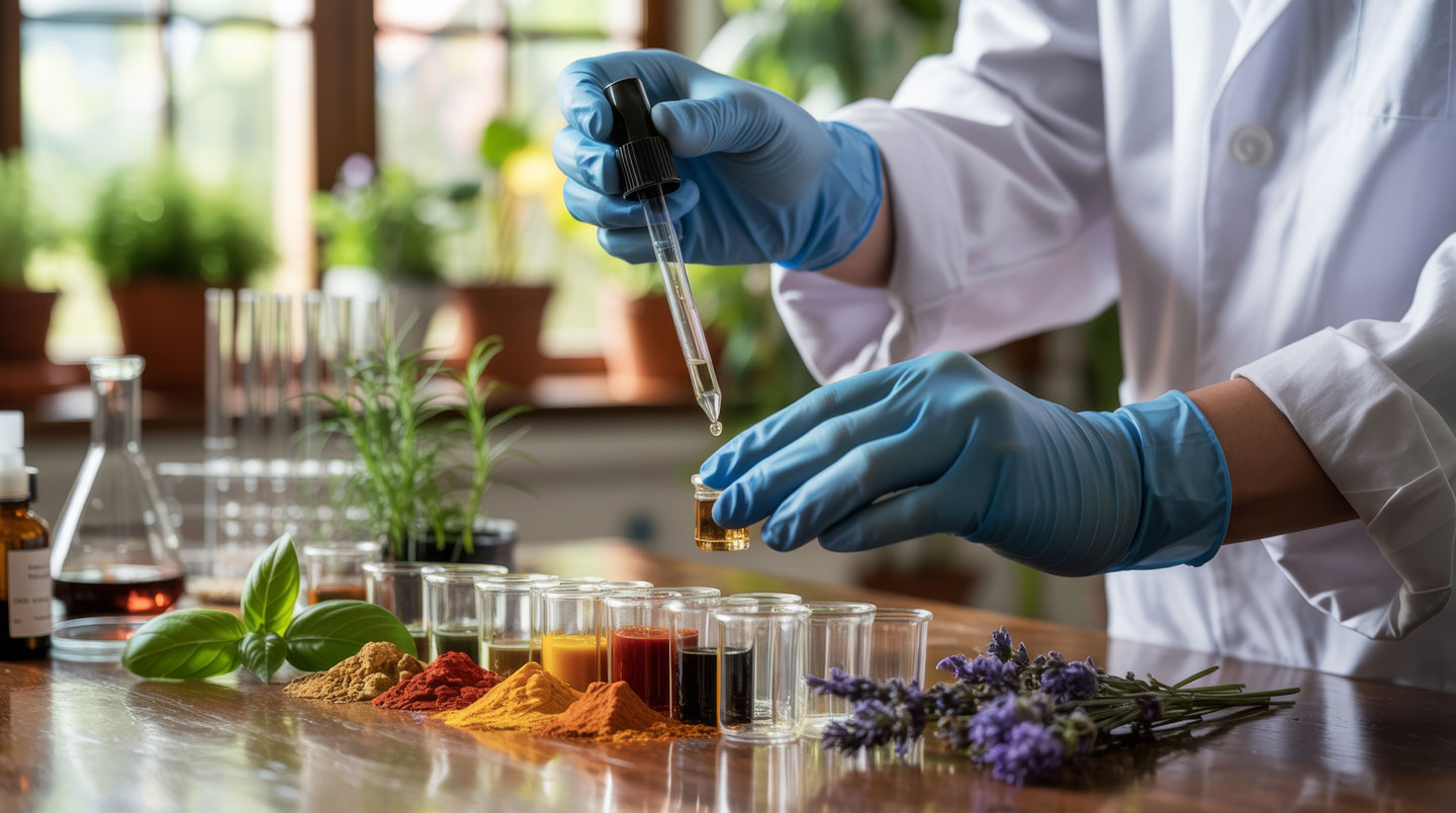 Technicienne de laboratoire en blouse blanche examinant une éprouvette contenant un extrait de plante ambré, rangée d'éprouvettes d'extraits colorés sur support devant elle, laboratoire de contrôle qualité moderne