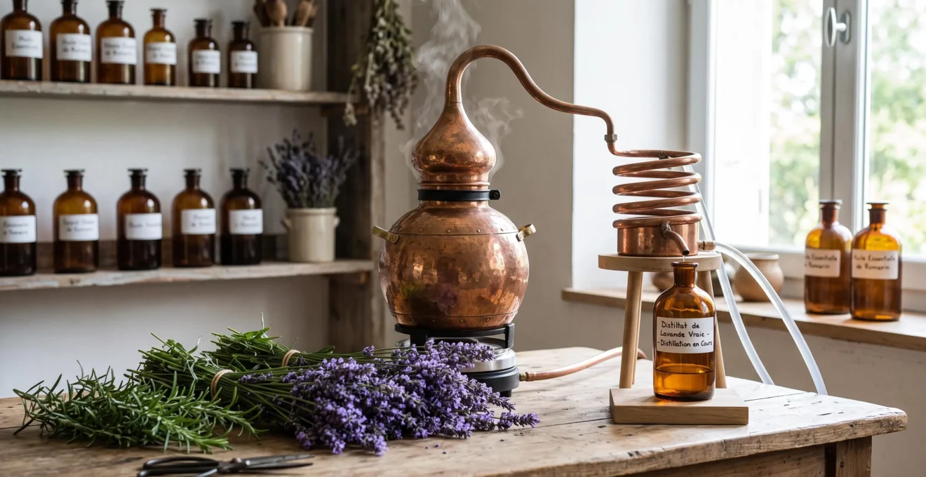 Alambic traditionnel en cuivre en fonctionnement avec vapeur s'échappant du condenseur, bouquets de lavande et romarin frais au premier plan sur table en bois, atelier de distillation artisanal éclairé par lumière naturelle
