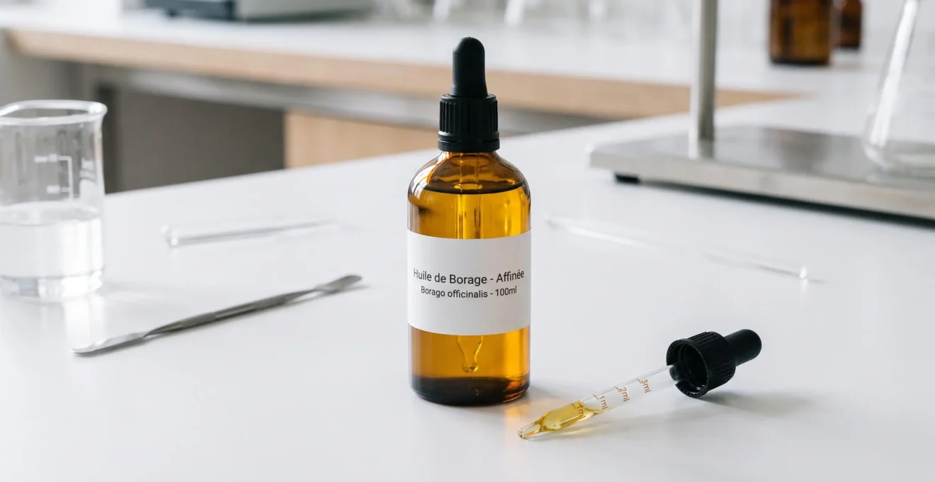 Flacon ambré d'huile de bourrache raffinée avec pipette graduée sur paillasse de laboratoire cosmétique blanche, liquide doré visible à travers le verre
