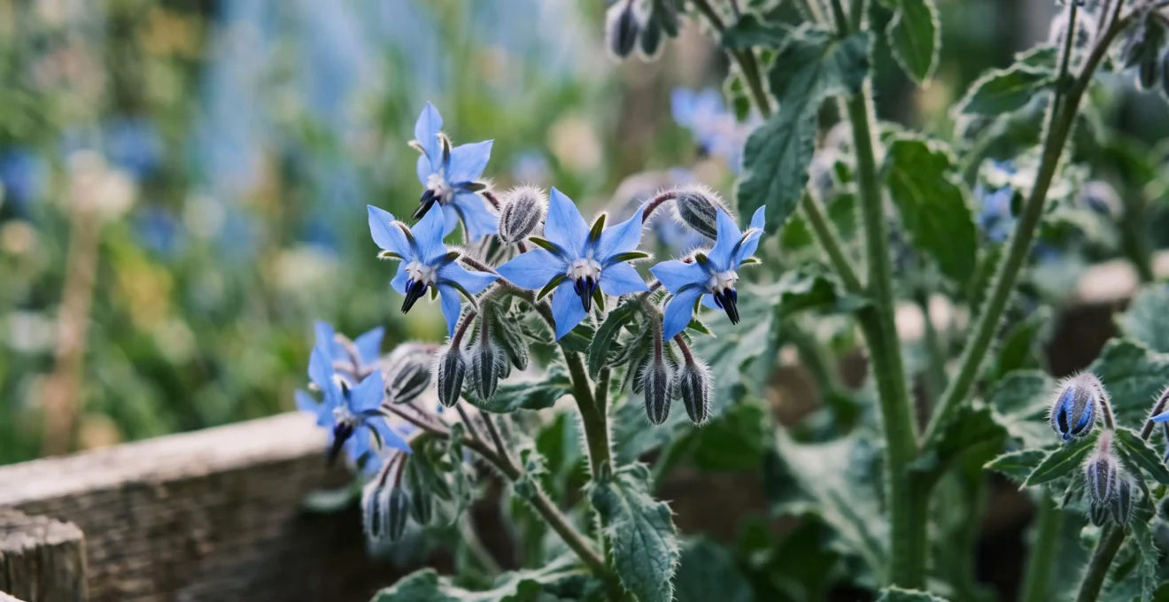 Fleurs de bourrache bleues en forme d'étoile à cinq branches avec étamines noires centrales, sur feuillage velu vert foncé, photographiées en lumière naturelle douce