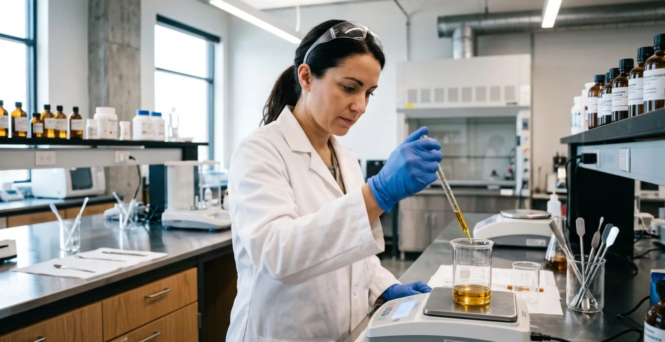 Formulatrice cosmétique en blouse blanche dosant avec pipette graduée une huile dorée dans bécher sur balance analytique, regard concentré sur l'opération, laboratoire R&D contemporain