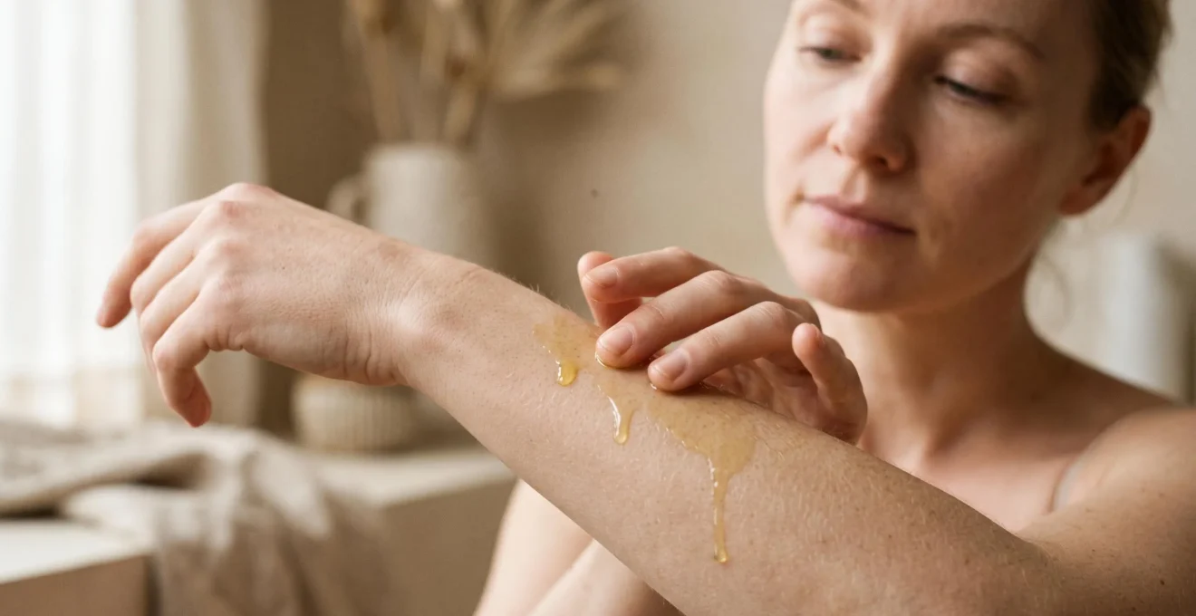 Main appliquant délicatement huile cosmétique dorée sur avant-bras adulte présentant peau légèrement sèche, geste de massage doux en lumière naturelle diffuse