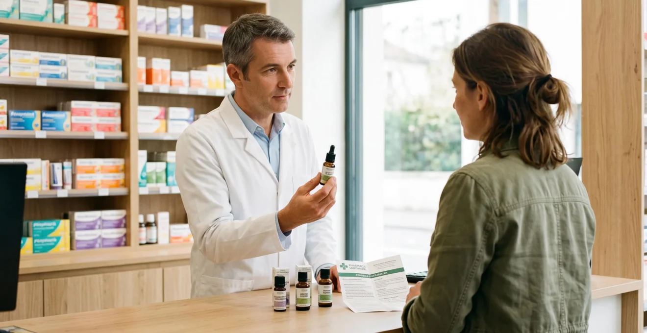 Pharmacien en blouse blanche conseillant une cliente en lui montrant un flacon d'huile essentielle derrière le comptoir d'une pharmacie moderne, échange professionnel personnalisé
