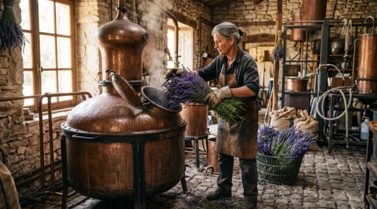 Un distillateur charge des bottes de lavande fraîche dans un alambic en cuivre.