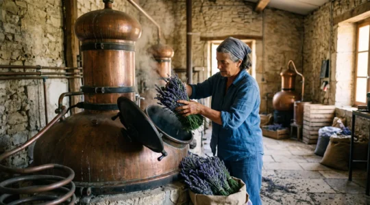 Un distillateur charge des bottes de lavande fraîche dans un alambic en cuivre.