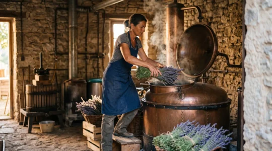 Un distillateur charge des bottes de lavande fraîche dans un alambic en cuivre.