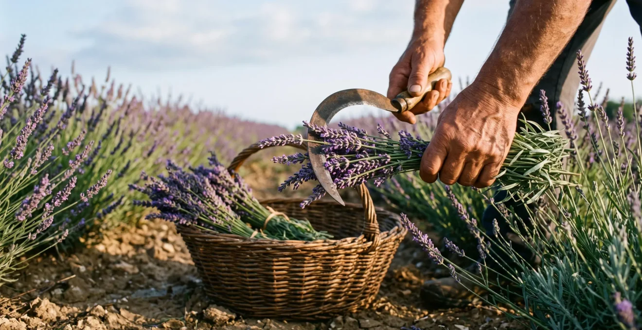 Des mains coupent des tiges de lavande à la faucille dans un champ provençal.